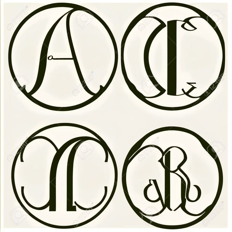 Art Nouveau tarzında bir daire içinde yazılı üç harf tuğrası oluşturmak için 2 şablon harfleri Set