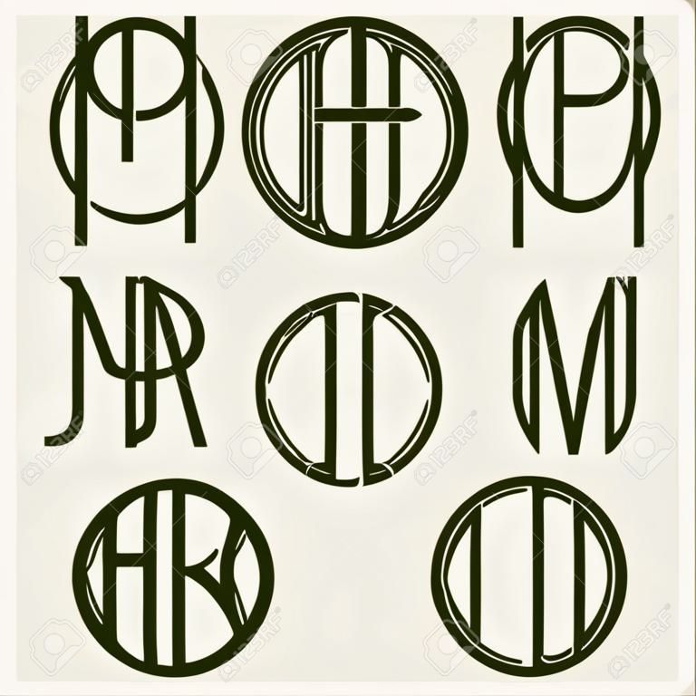 Set 2 cartas de plantilla para crear un monograma de tres letras inscritas en un círculo en estilo Art Nouveau
