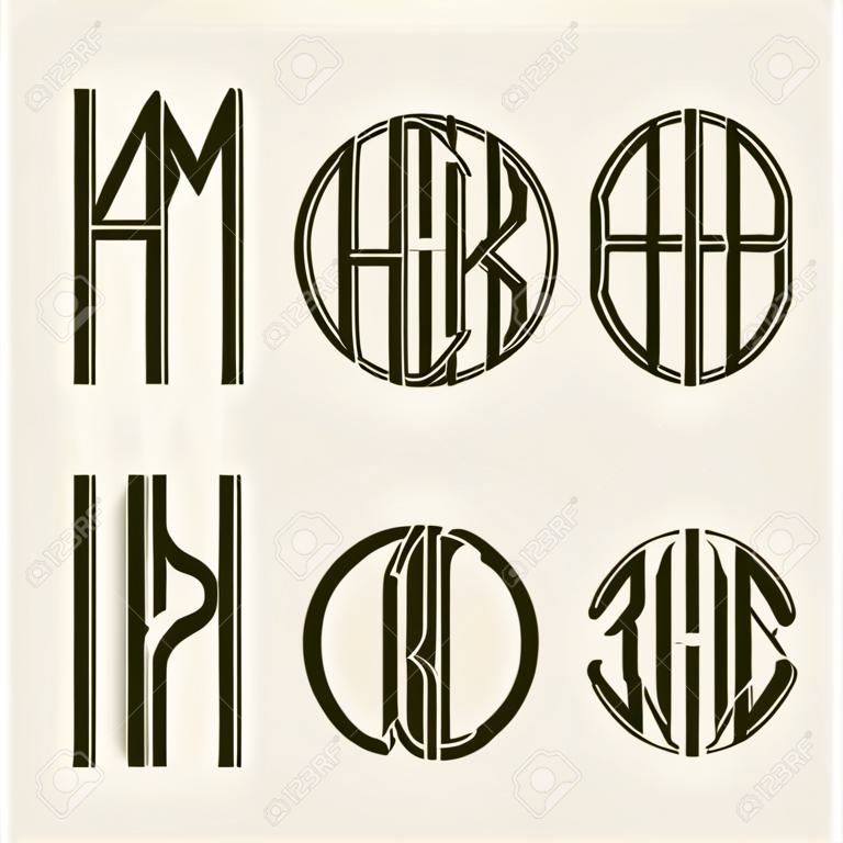 Set 2 modèles de lettres pour créer un monogramme de trois lettres inscrites dans un cercle de style Art Nouveau