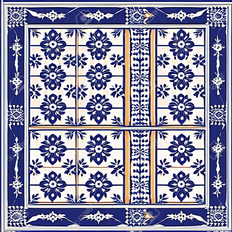 Gorgeous bez szwu wzór z płytek i granicy. Marokańska, portugalski, ozdoby Azulejo. Może być stosowany do tapety, wzór wypełnienia tła strony internetowej, tekstur powierzchniowych.