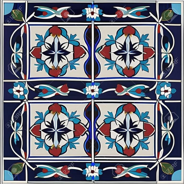 タイルとの国境から豪華なシームレス パターン。モロッコ、ポルトガル語、トルコ、Azulejo 飾り。Web ページの背景テクスチャ、パターンの塗りつぶしの壁紙に使用できます。