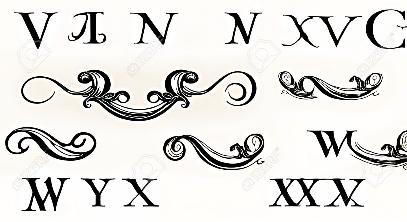 Vintage Set 2. lettres majuscules calligraphiques avec des boucles pour monogrammes, Emblèmes et Logos. Belle Filigrane police. Est-ce à aile ou vagues conceptuel. style baroque