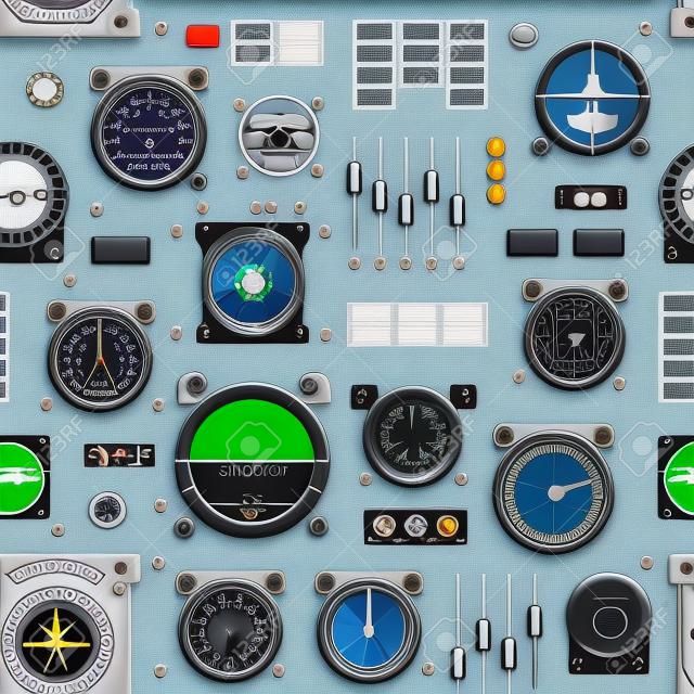 Airplane instrument panel. Aircraft dashboard. Creative seamless pattern, Realistic wallpaper.