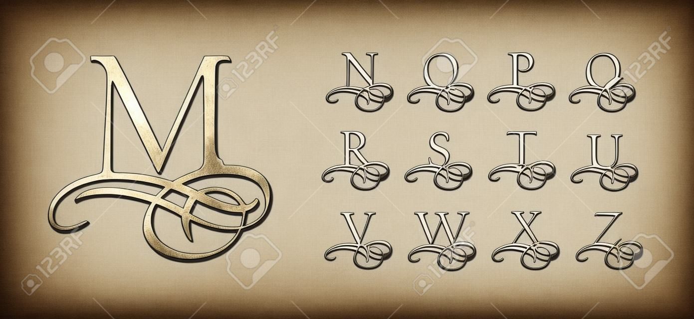 Vintage Set 2. Calligraphic capital letters with curls for Monograms. Beautiful Filigree Font With elements of Arabic calligraphy