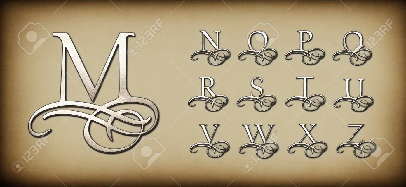 Set vintage 2. Lettere maiuscole calligrafiche con riccioli per monogrammi. Bellissimo carattere in filigrana con elementi di calligrafia araba