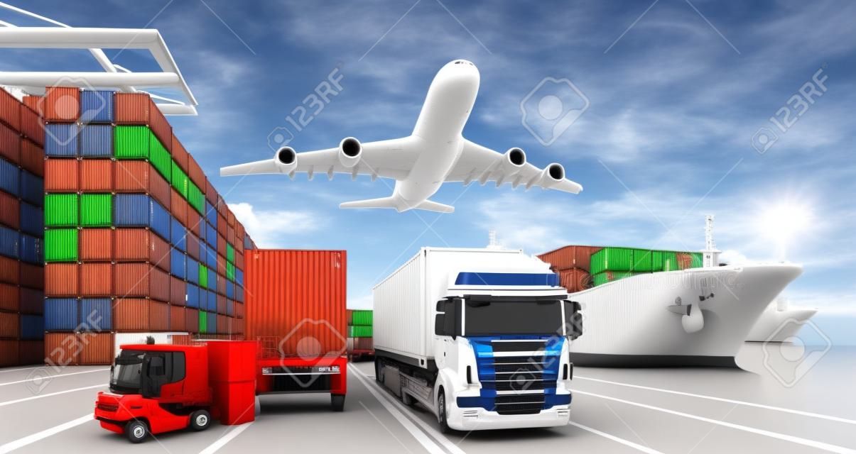 Transport et logistique de conteneurs cargo et avion cargo. rendu et illustration 3D.