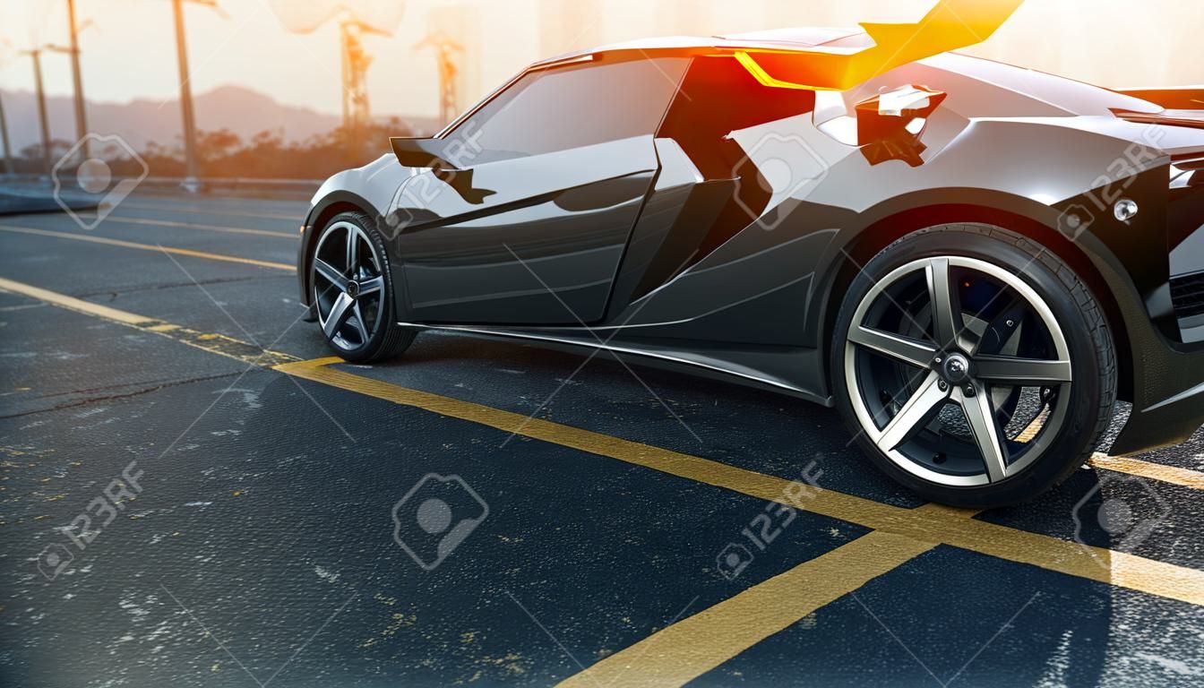 Czarny samochód na drodze renderowania i ilustracji 3D