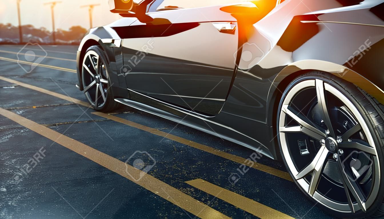 Czarny samochód na drodze renderowania i ilustracji 3D