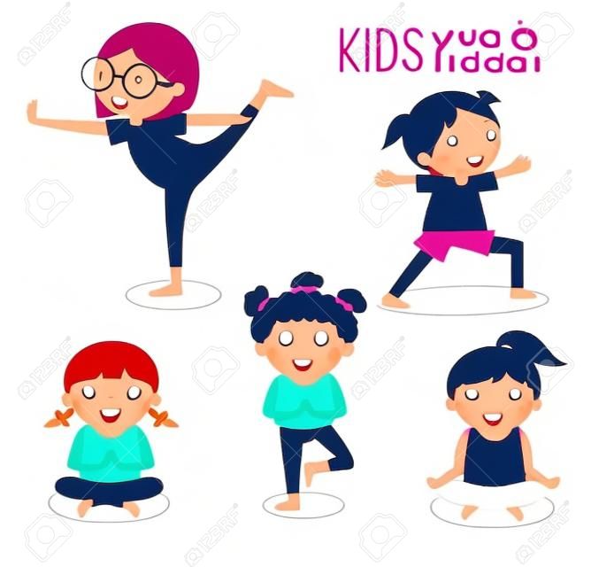 Дети практикующих йогу, счастливые мультяшные дети практикующих йогу, йогу набор. Упражнения йоги. Здоровый образ жизни на белом фоне, векторные иллюстрации