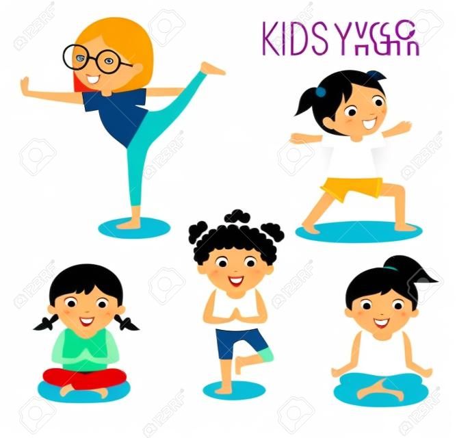 Дети практикующих йогу, счастливые мультяшные дети практикующих йогу, йогу набор. Упражнения йоги. Здоровый образ жизни на белом фоне, векторные иллюстрации