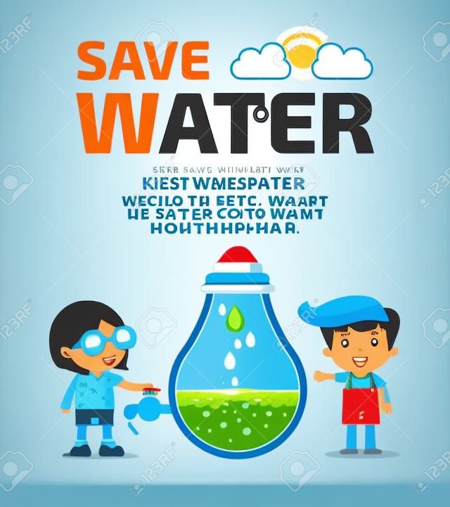 Bambini per il concetto di risparmio dell'acqua, Ecologia Save The Water, il concetto di conservazione dell'acqua. Illustrazione vettoriale