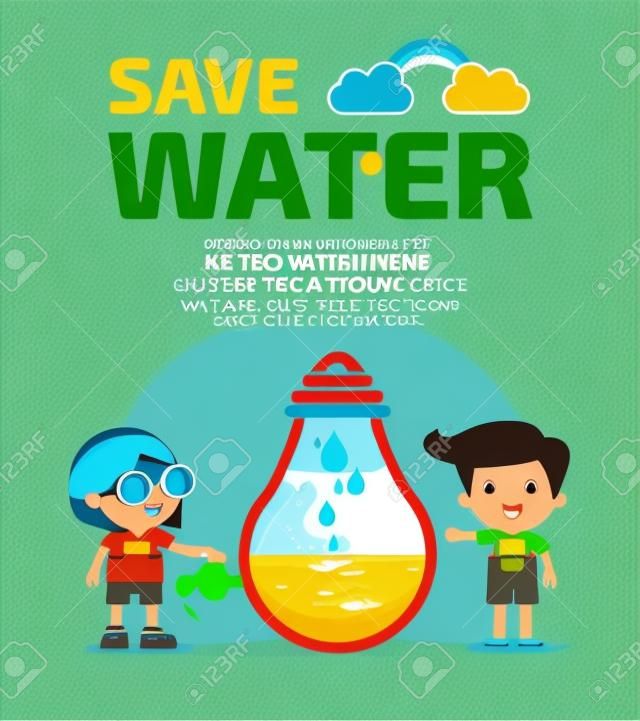 Bambini per il concetto di risparmio dell'acqua, Ecologia Save The Water, il concetto di conservazione dell'acqua. Illustrazione vettoriale