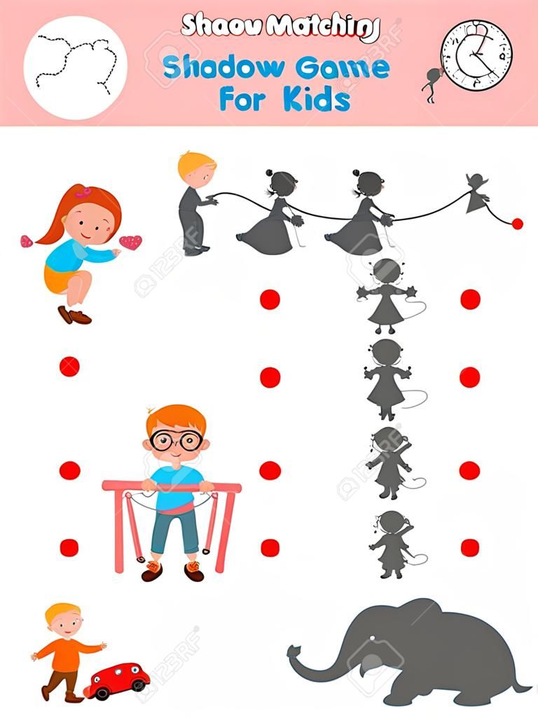 Sombra Flash Cards para los niños, juego visual para niños. Conecte la imagen puntos, ilustración vectorial Educación.