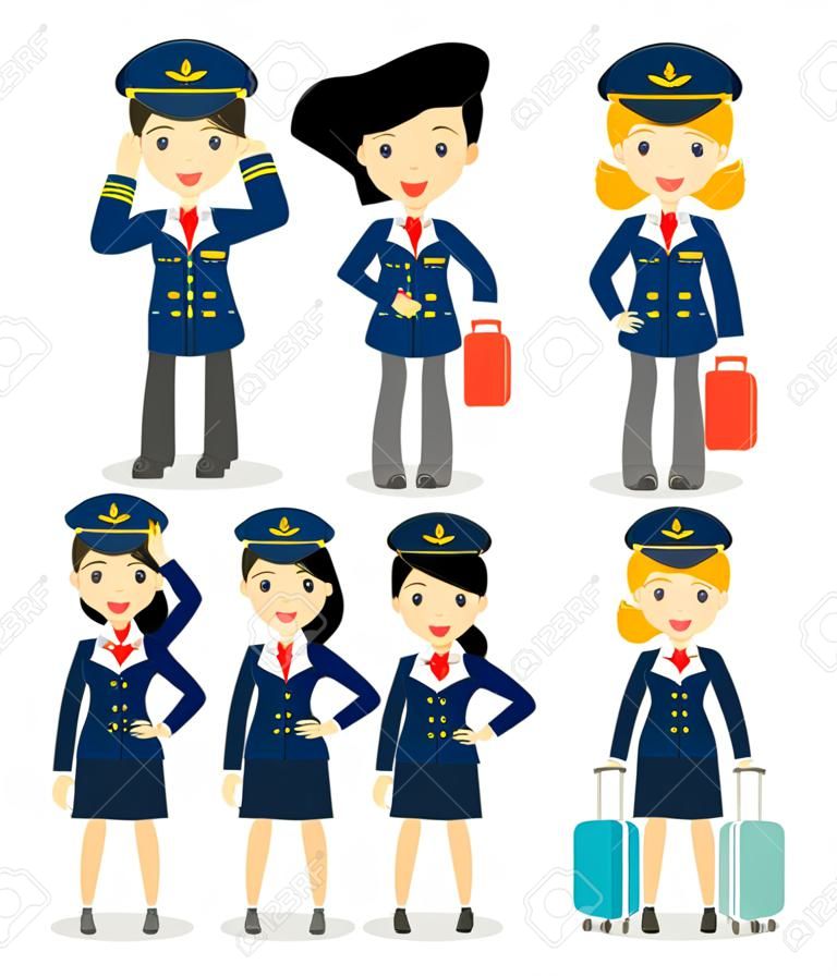 pilot and stewardess. set of officers and flight attendants Stewardesses  isolated on white background, pilot and air hostess, flight attendant, pilot