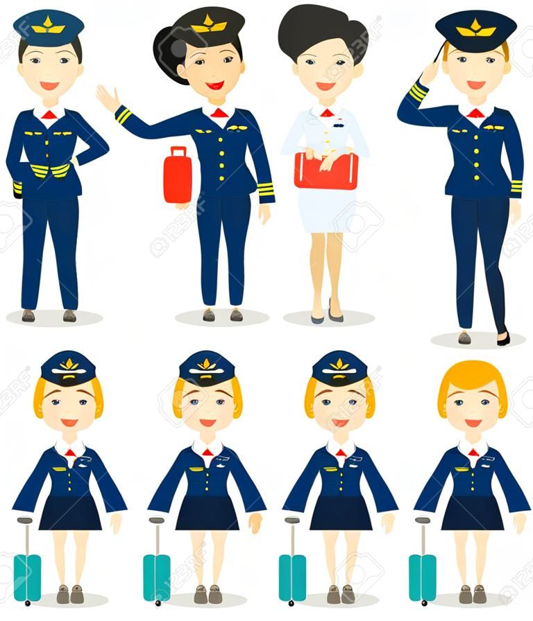 pilot and stewardess. set of officers and flight attendants Stewardesses  isolated on white background, pilot and air hostess, flight attendant, pilot