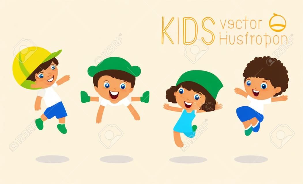 Les enfants sautant de joie, les enfants multi-ethniques sautant, dessin animé enfant heureux de jouer sur fond blanc, Vector illustration