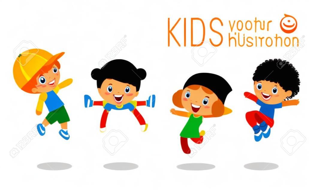 Les enfants sautant de joie, les enfants multi-ethniques sautant, dessin animé enfant heureux de jouer sur fond blanc, Vector illustration