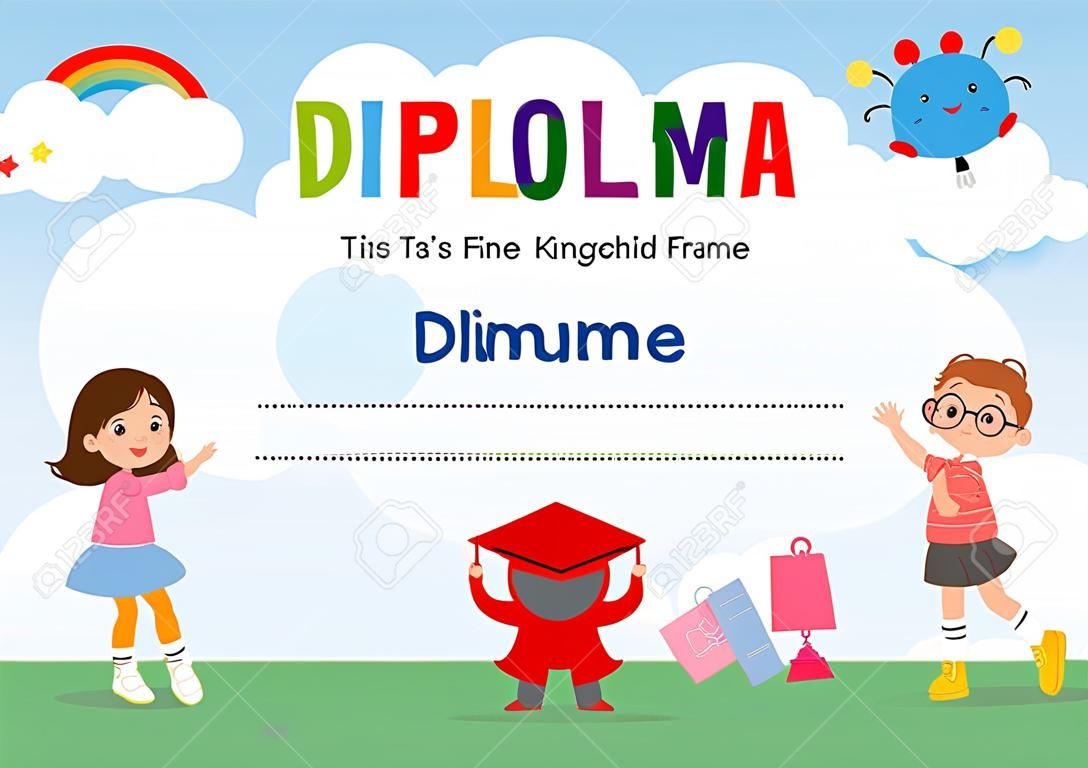 Certificate kids diploma, kindergarten template layout space background frame design vector. Diploma template for kindergarten students, education preschool concept.