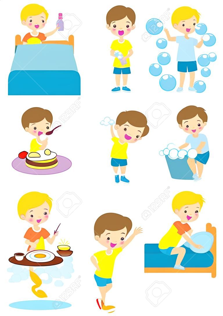 daily routine activities for kids with cute boy,routines for kids, daily routine of children, Little child daily activities, Daily Routine set with cute kids Vector Illustration on white background