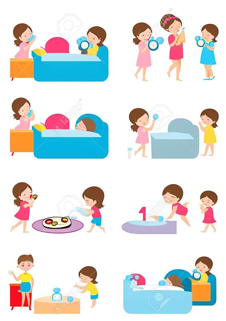 daily routine activities for kids with cute girl,routines for kids, daily routine of child, Little children daily activities, Daily Routine set with cute kids Vector Illustration on white background