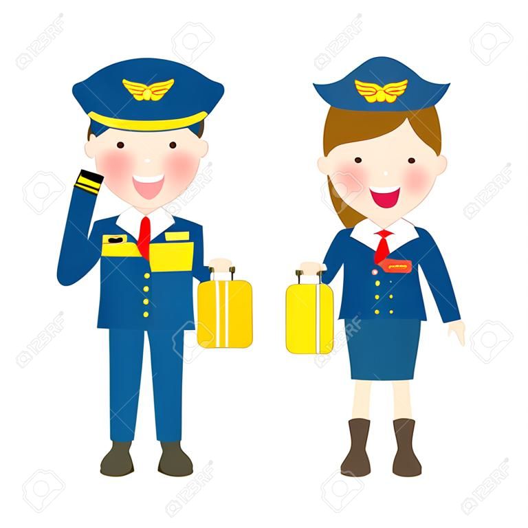 Piloto e comissário de bordo. oficiais e comissários de bordo Stewardesses isolado no fundo branco, piloto e aeromoça Ilustração vetorial.