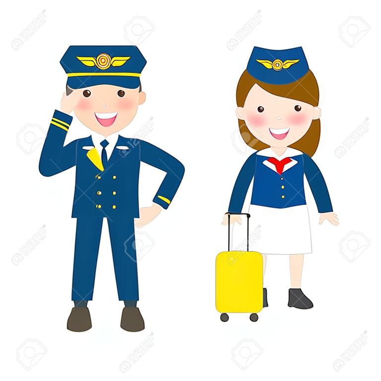 Piloto e comissário de bordo. oficiais e comissários de bordo Stewardesses isolado no fundo branco, piloto e aeromoça Ilustração vetorial.