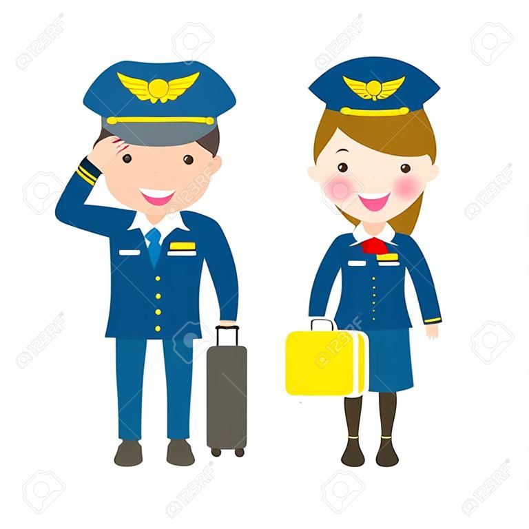 piloot en stewardess. officieren en stewardessen Stewardesses geïsoleerd op witte achtergrond, piloot en lucht gastvrouw Vector Illustratie.