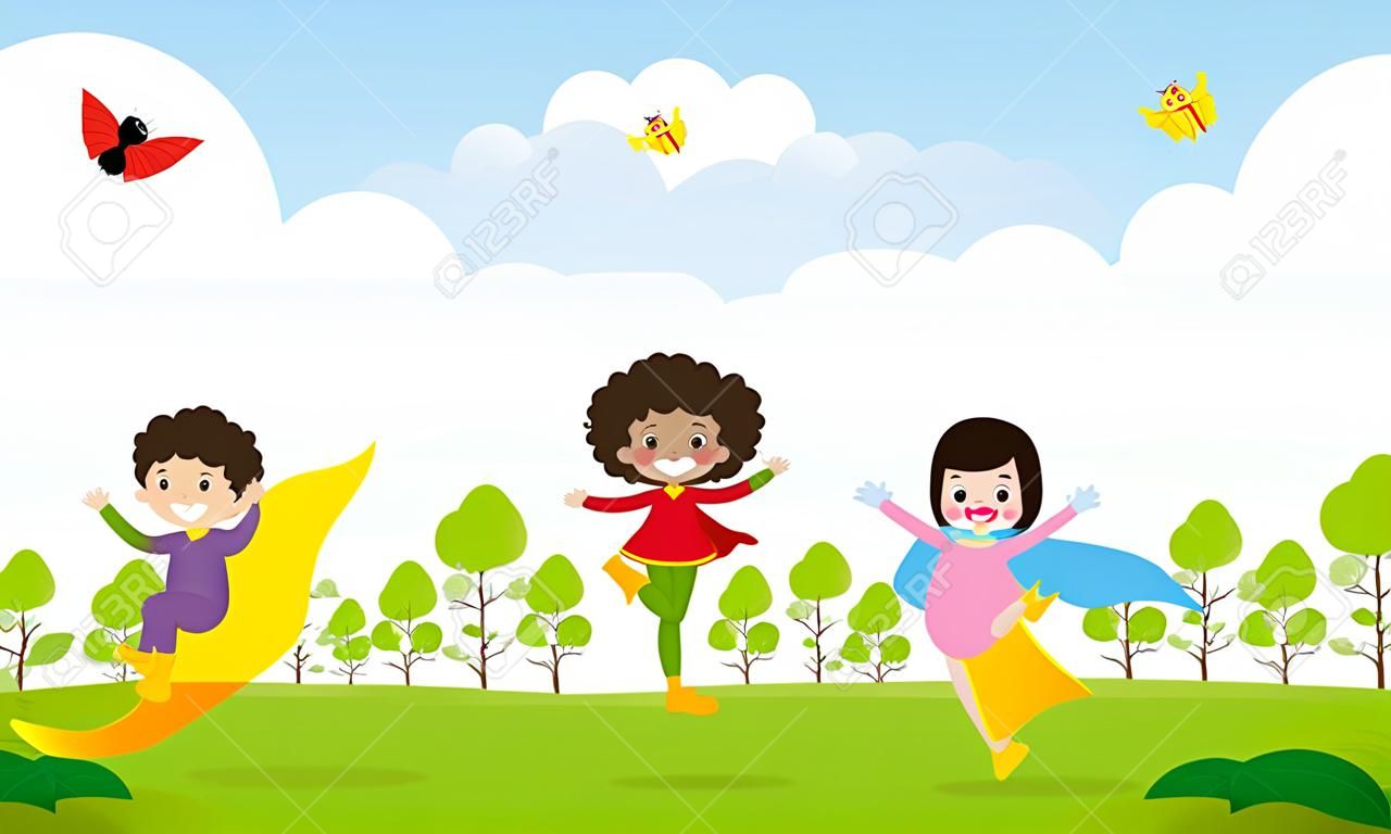 superhero kids at playground,  Template for advertising brochure,your text ,Cute little Children's super hero, Kids and frame, child isolated background Vector Illustration