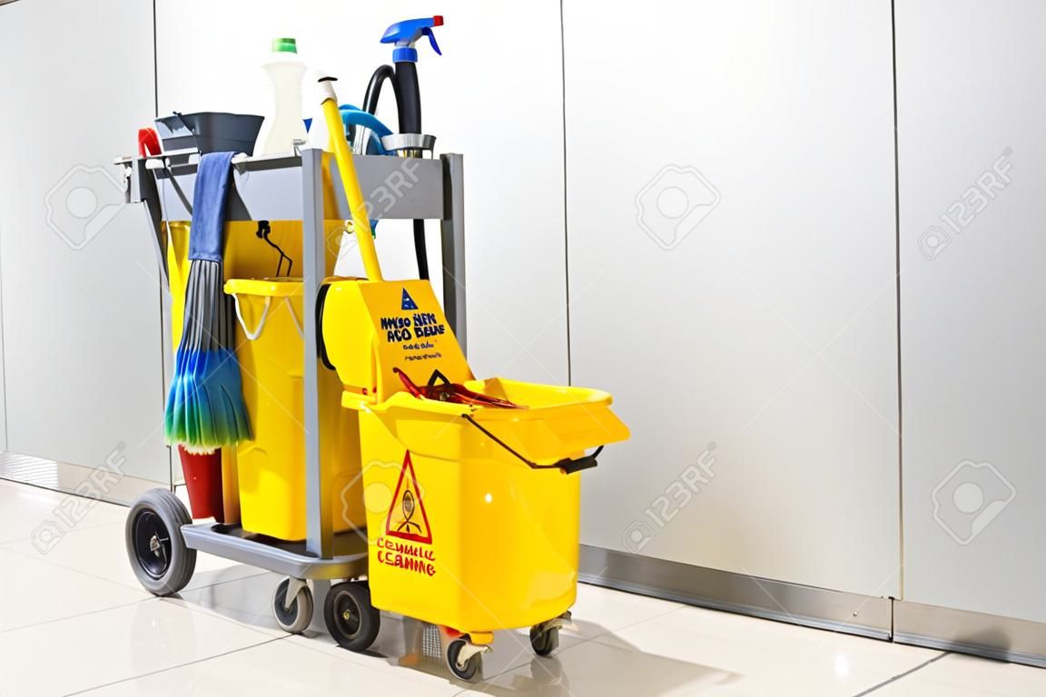 Yellow mop bucket and set of cleaning equipment in the airport