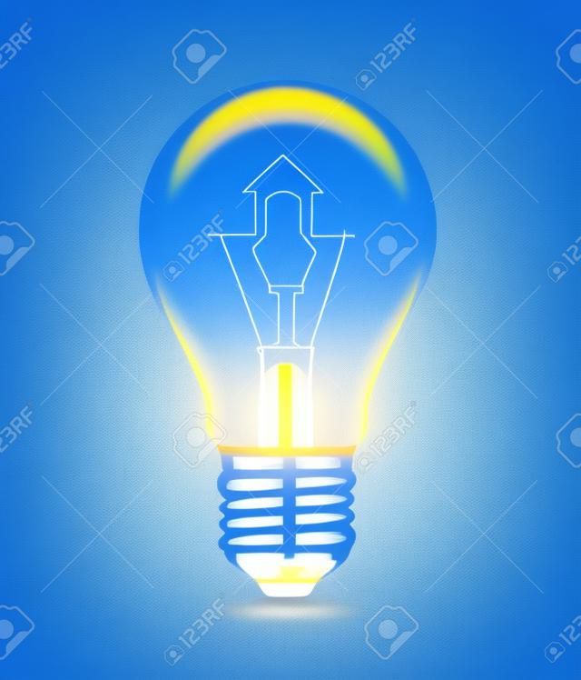 青の背景に家のアイコンを形成するフィラメントの電球