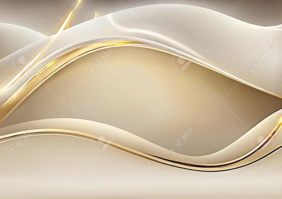 Modello di lusso moderno 3D design oro, forme d'onda marrone chiaro e luce linea glitter dorata su sfondo dorato. Illustrazione grafica vettoriale