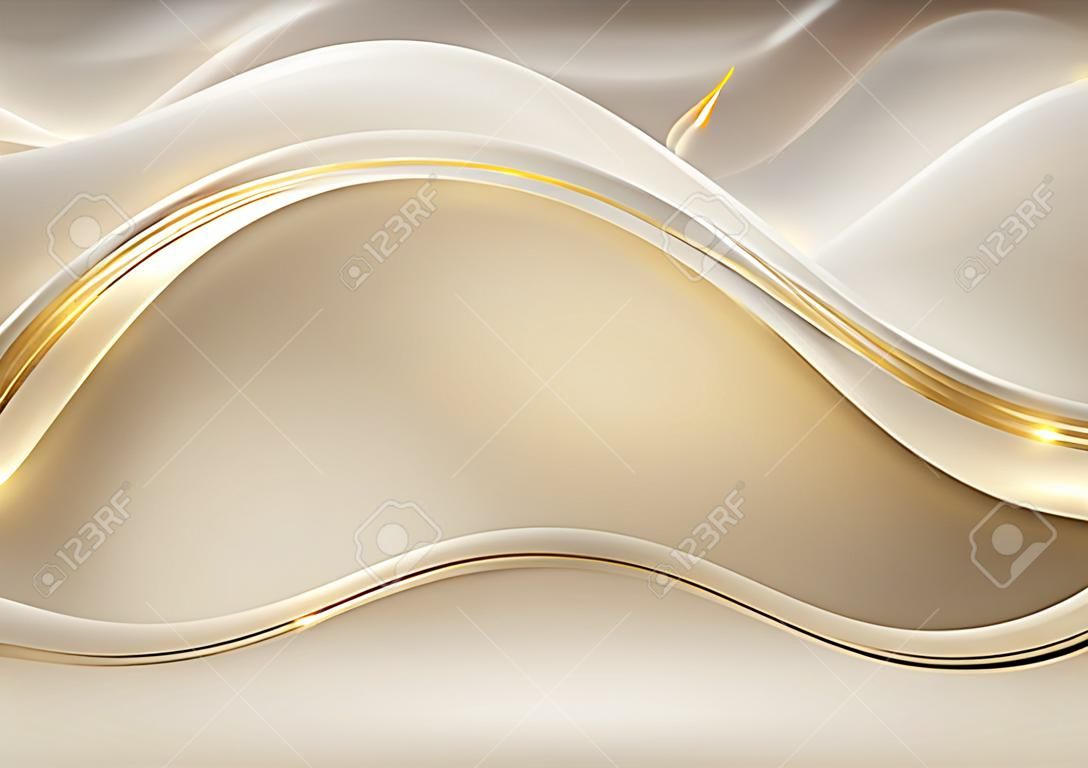 Modello di lusso moderno 3D design oro, forme d'onda marrone chiaro e luce linea glitter dorata su sfondo dorato. Illustrazione grafica vettoriale