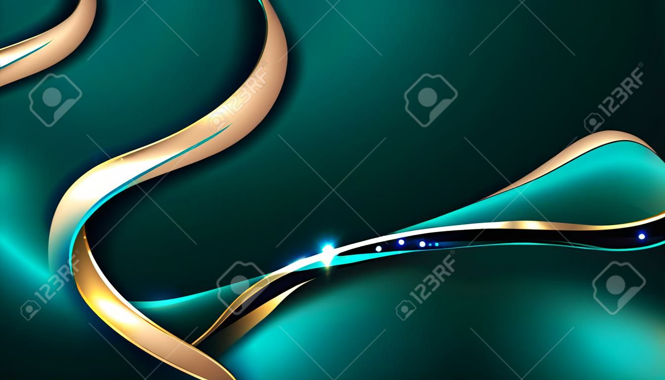 Abstract 3D luxury blue emerald and gold color liquid gradient shapes with shiny golden ribbon wave line decoration and glitter lighting on dark background. Vector illustration