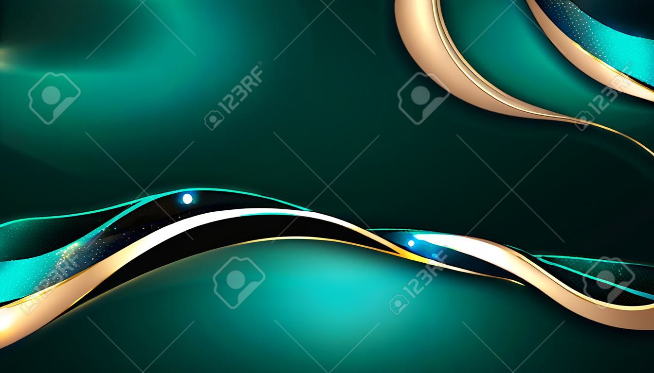 Abstract 3D luxury blue emerald and gold color liquid gradient shapes with shiny golden ribbon wave line decoration and glitter lighting on dark background. Vector illustration