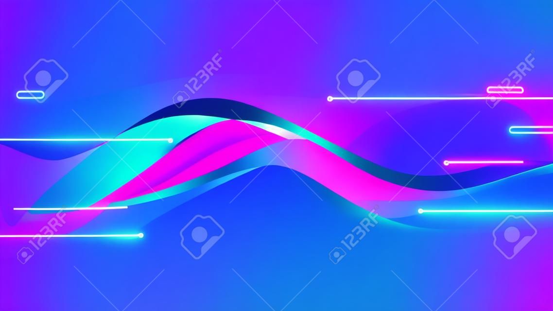 Abstrakcyjna technologia cyfrowa futurystyczna koncepcja faliste linie ruchu niebieski i różowy neon efekt świetlny dekoracja elementy geometryczne na ciemnoniebieskim tle. ilustracja wektorowa