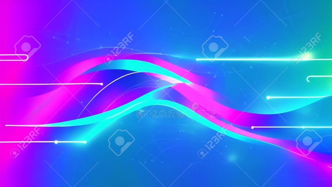 Technologie abstraite concept futuriste numérique lignes de mouvement ondulées éléments géométriques de décoration d'effet d'éclairage au néon bleu et rose sur fond bleu foncé. illustration vectorielle