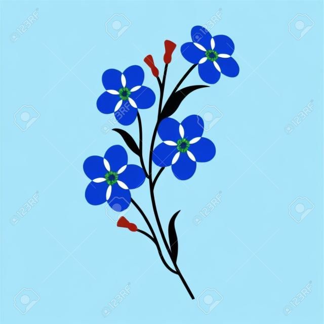 Natura fiore blu ti scordar di me nota, vettore botanico giardino floreale foglia pianta.