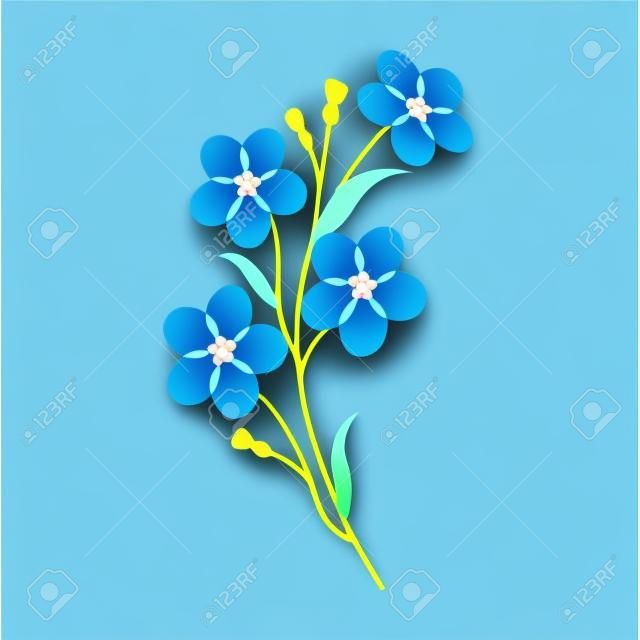 Natura fiore blu ti scordar di me nota, vettore botanico giardino floreale foglia pianta.