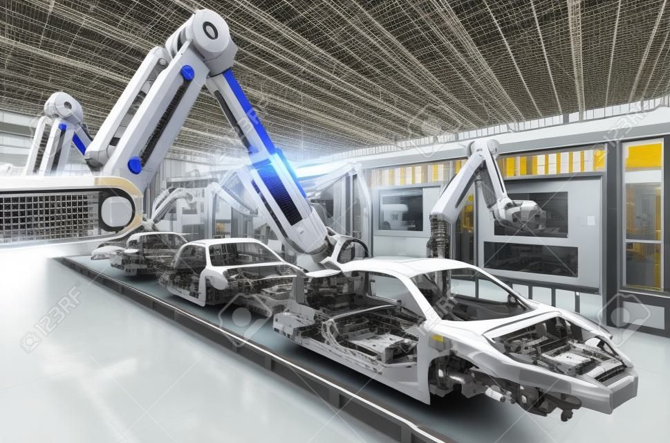 Linea di assemblaggio del robot di rendering 3d in fabbrica di automobile