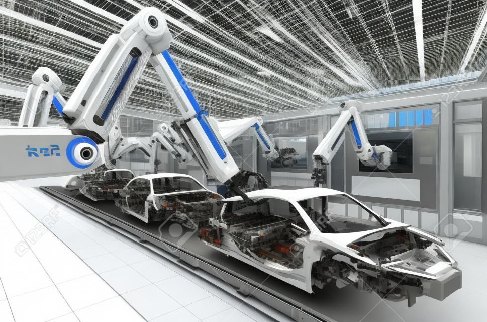 Linha de montagem de robô de renderização 3d na fábrica de carros