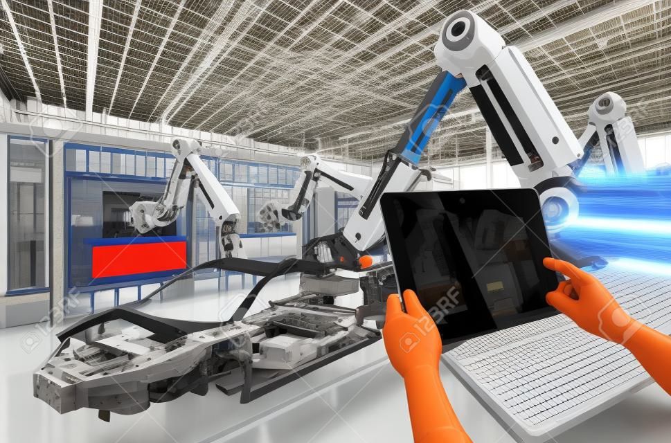 human control 3d rendering warehouse robot working in factory