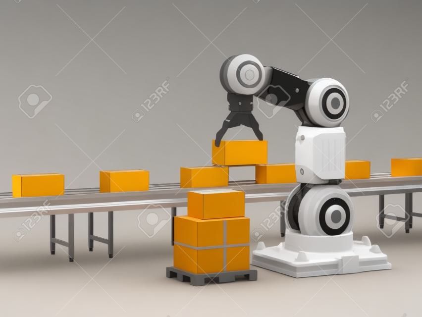 Concetto di industria di automazione con braccio robotico rendering 3d con scatole di cartone sul nastro trasportatore