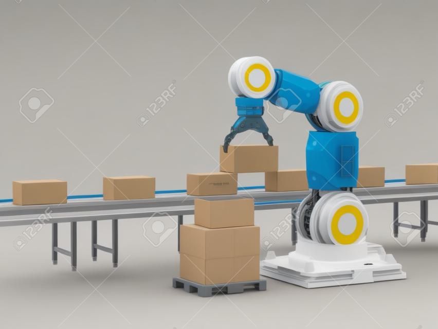 Concept de l'industrie de l'automatisation avec bras de robot de rendu 3D avec des boîtes en carton sur la bande transporteuse