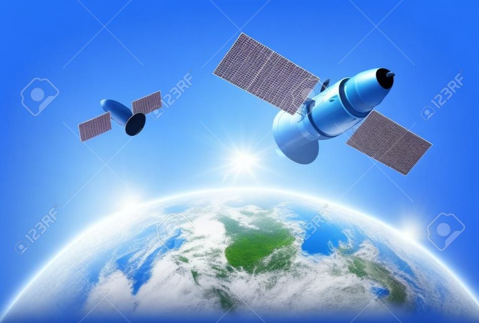 Concetto di tecnologia delle telecomunicazioni con connessione satellitare 3d rendering con grafica mondiale