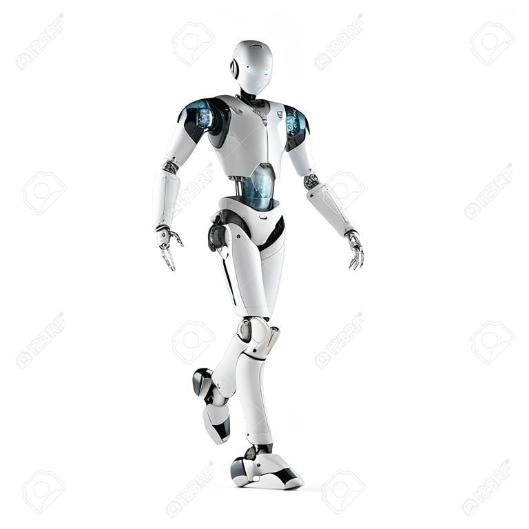 3d rendering humanoid robot full body walking on white background