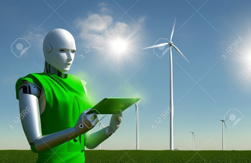Green power technology concept with 3d rendering cyborg work in wind mill farm