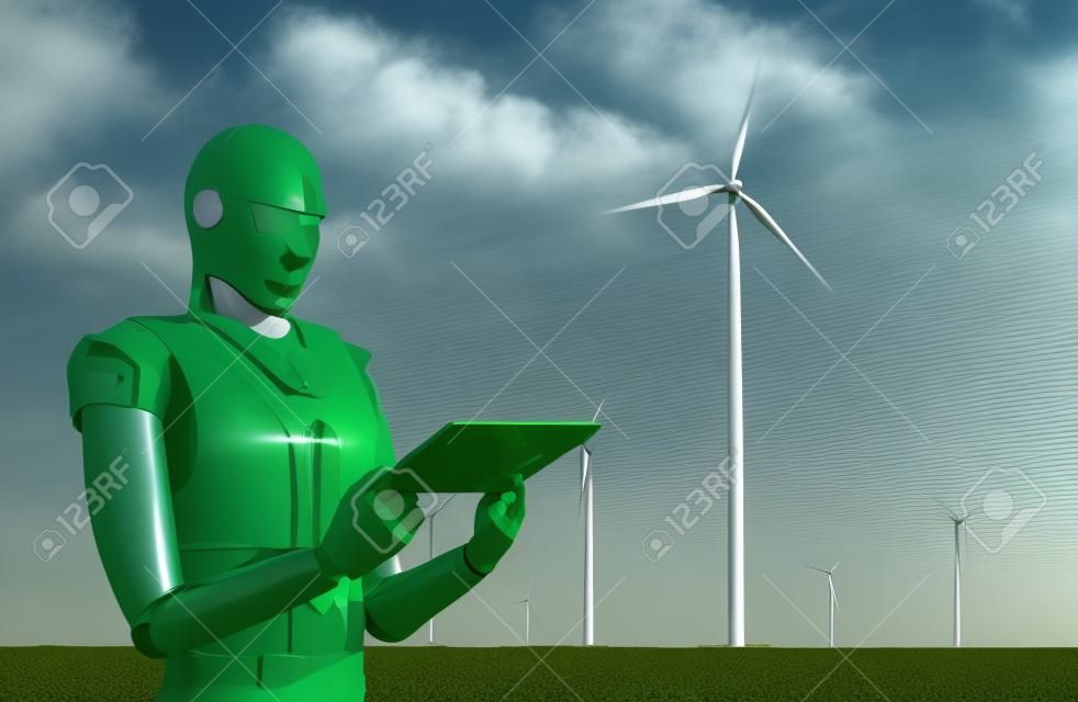 Green power technology concept with 3d rendering cyborg work in wind mill farm