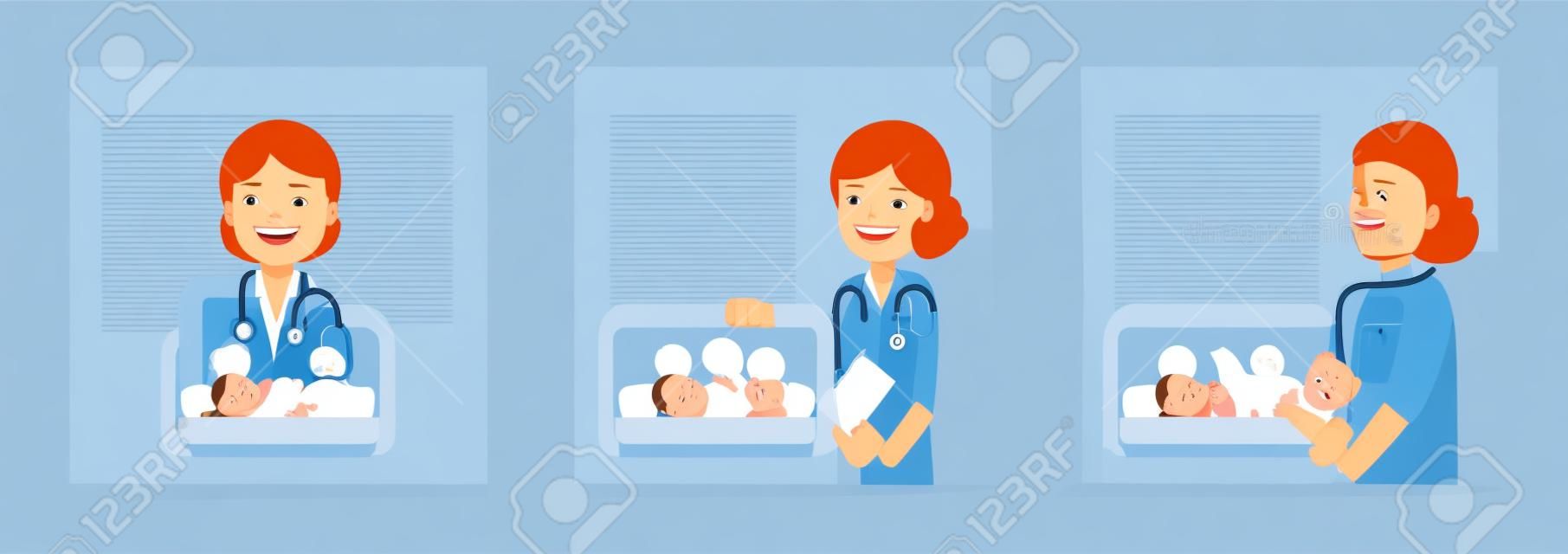 Doctor with newborn baby in incubator flat design vector illustration