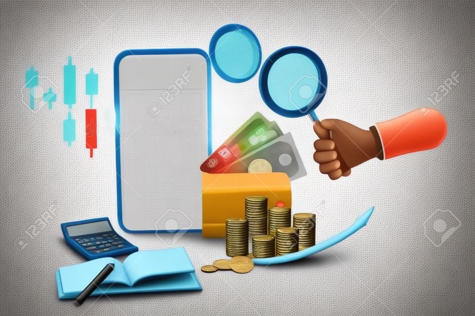 3D. hand holding magnifying glass and mobile phones with piles of coins and calculator, Stock chart.