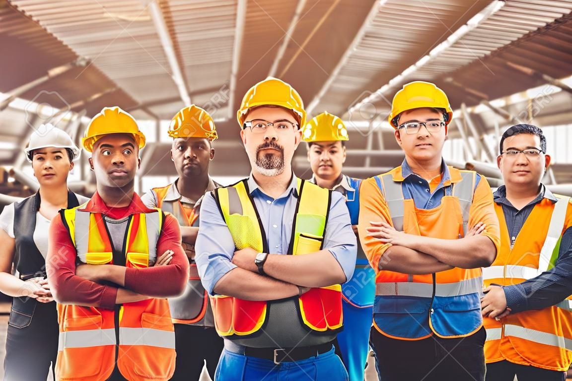 Group of Worker Engineer Teamwork people mix race in Heavy Industry standing confident.selective focus at center man